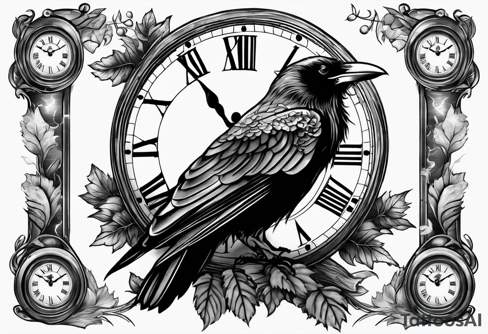 full sleeve tattoo with water, ravens, clocks, trees tattoo idea