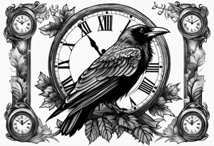 full sleeve tattoo with water, ravens, clocks, trees tattoo idea