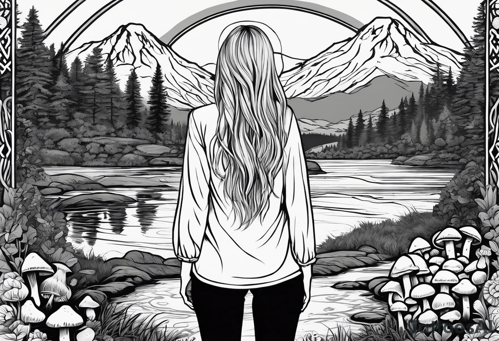 Whole picture encircled fully

Straight long blonde hair hippie girl in distance holding mushrooms in hand facing away toward mountains and creek surrounded by mushrooms long sleeve shirt and hiking pants; whole rendering within a full celtic circle, no cut off circle tattoo idea