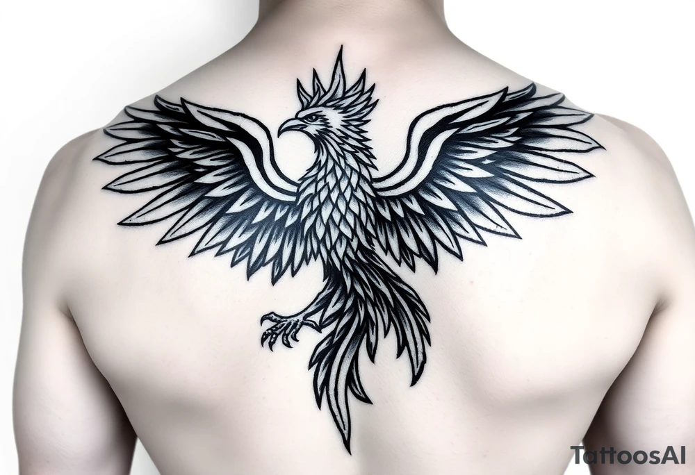 powerful majestic phoenix with crown of fire, with large wings tattoo idea
