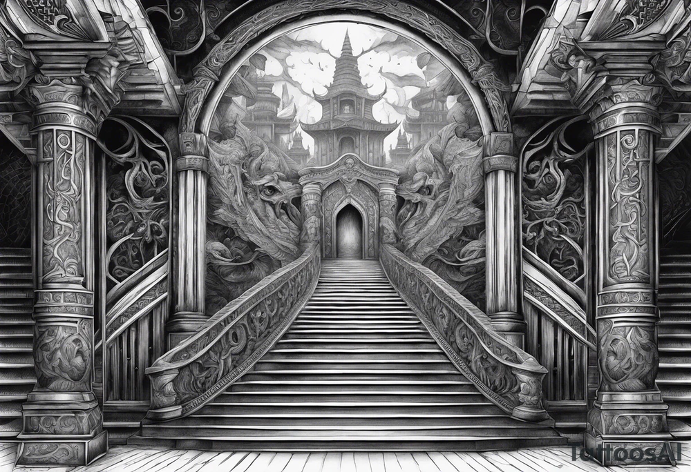 The warior is standing in front of the staircase that leads to the gate to the valhalla. tattoo idea