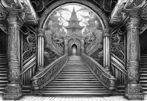 The warior is standing in front of the staircase that leads to the gate to the valhalla. tattoo idea
