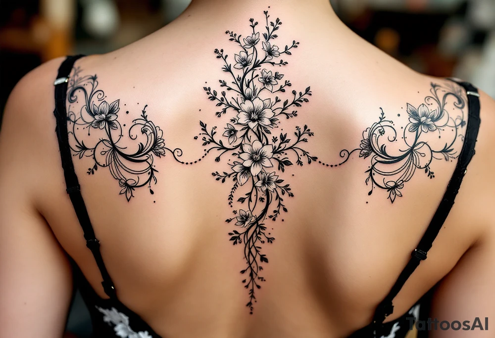 1.	Cherry Blossom Flow (Central Spine): A cascading cherry blossom flowing vertically along the spine to cover the central portion of the existing tattoo. Symmetrical patterns inspired by ornamental designs, with intricate curves and dotwork extending outward from the base of the spine. These elements should balance the floral motif and enhance the lower back area with a decorative, feminine flair.
	3.	Dotwork and Contouring: Delicate linework and dot patterns should be added around the floral design to give texture and seamlessly blend the tattoo with the surrounding skin. The ornamentation should curve naturally along the shape of the body, creating a cohesive, elegant look. tattoo idea