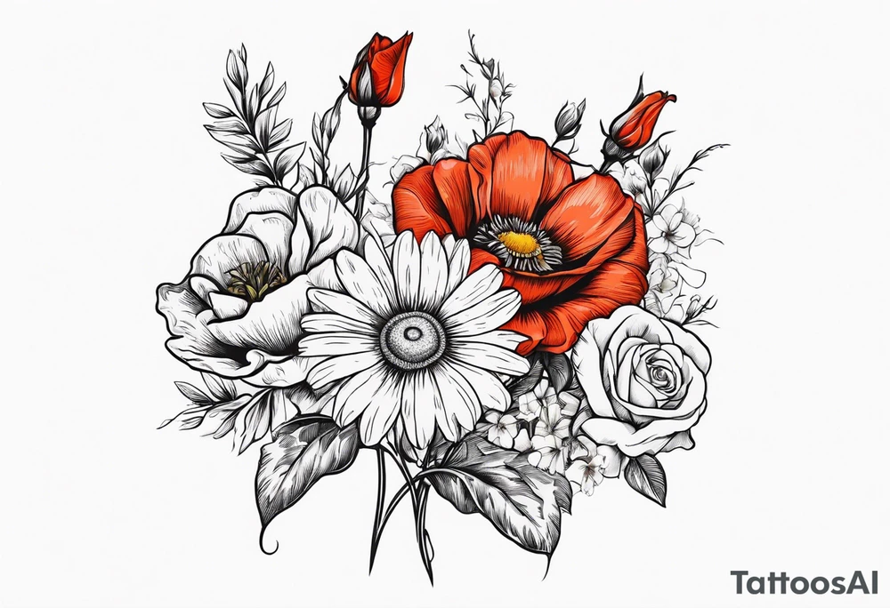 A vintage vertical design of a daisy and a rose with gladiolus flowers and poppies weaving through the daisy and rose tattoo idea