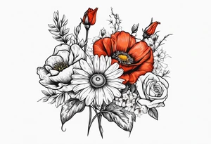 A vintage vertical design of a daisy and a rose with gladiolus flowers and poppies weaving through the daisy and rose tattoo idea