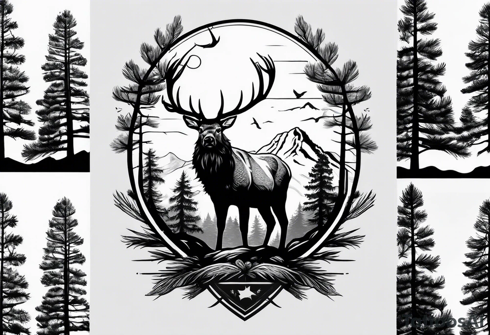 sleeve pine tree moutain elk tattoo idea