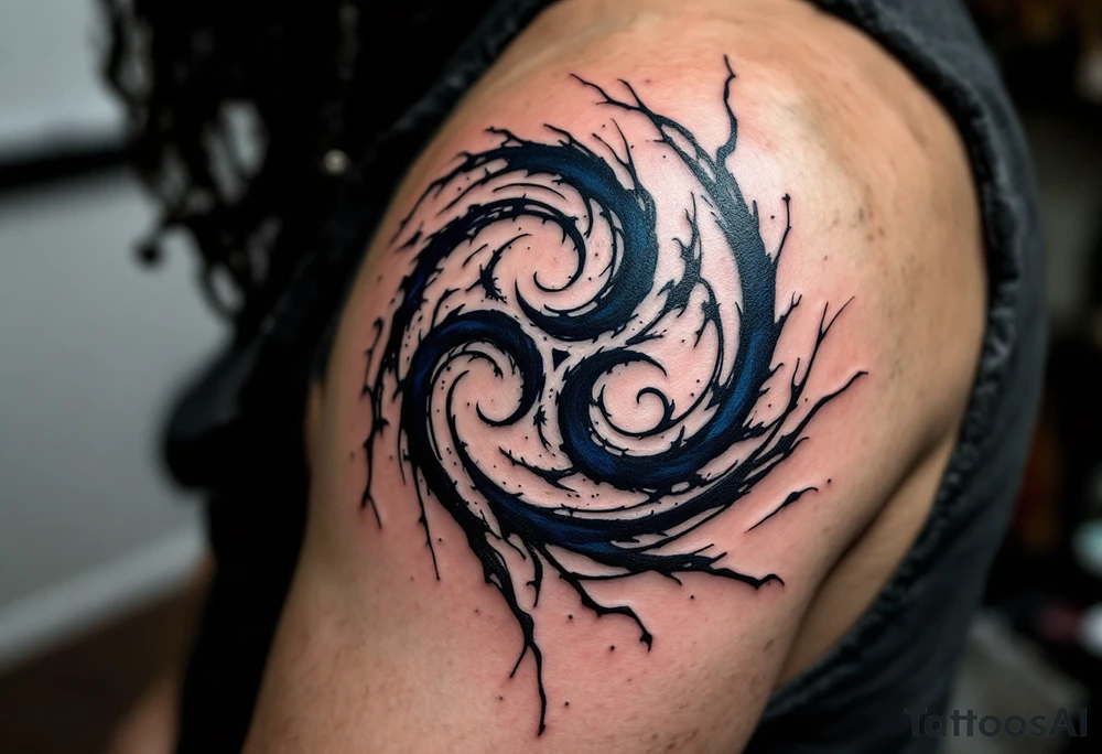 A swirling three triskelion spirals, hypnotic design in black and deep indigo, creating a sense of movement and energy, resembling a cosmic portal. tattoo idea
