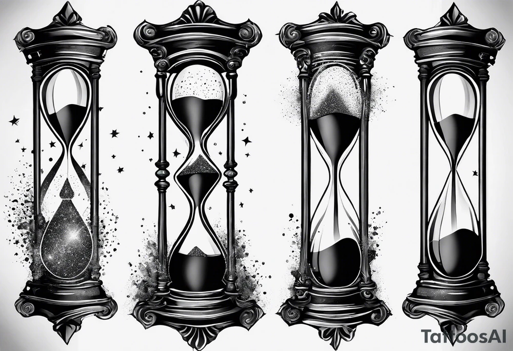 Hour glass with star stuff and cosmic dust exploding from each side. Long tattoo to fit on the forearm tattoo idea