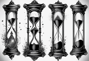 Hour glass with star stuff and cosmic dust exploding from each side. Long tattoo to fit on the forearm tattoo idea