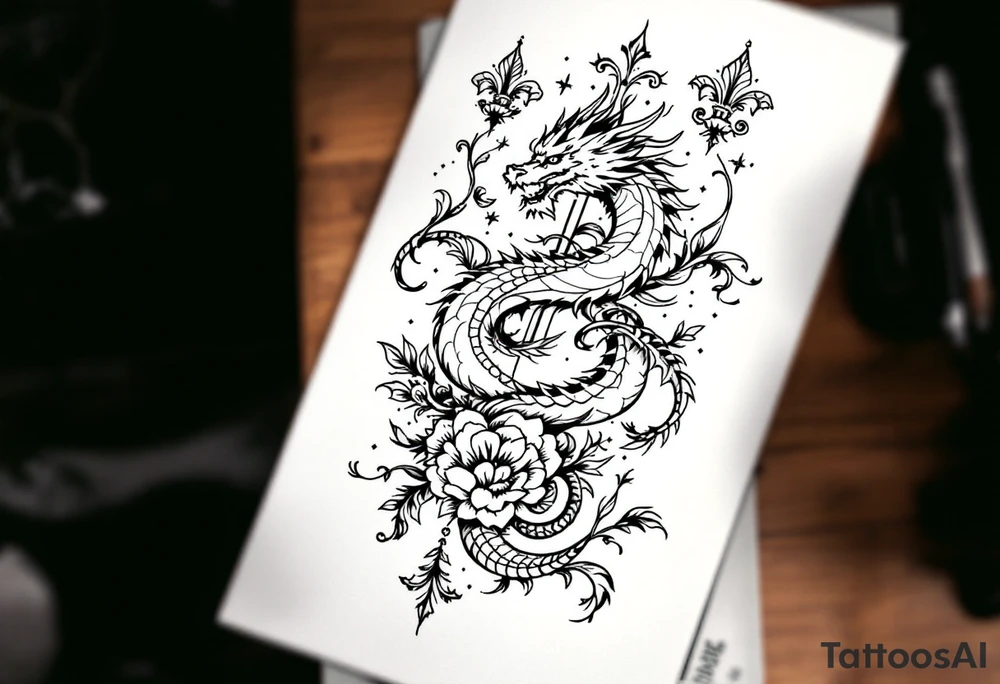 un dragon central entouré de fleurs de lys tattoo idea