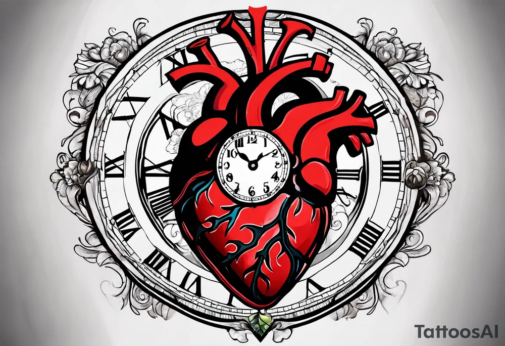 anatomical heart with clock in middle.
Clock hands on 8 and 5.
Never Say Never written on tattoo tattoo idea