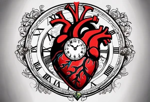 anatomical heart with clock in middle.
Clock hands on 8 and 5.
Never Say Never written on tattoo tattoo idea