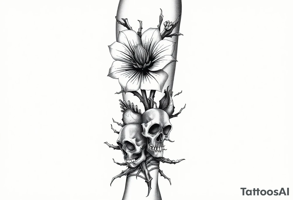 Aconitum flower going up the arm with details gothic style with skulls thorns tribal large tattoo idea