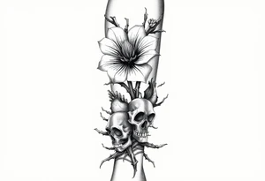 Aconitum flower going up the arm with details gothic style with skulls thorns tribal large tattoo idea