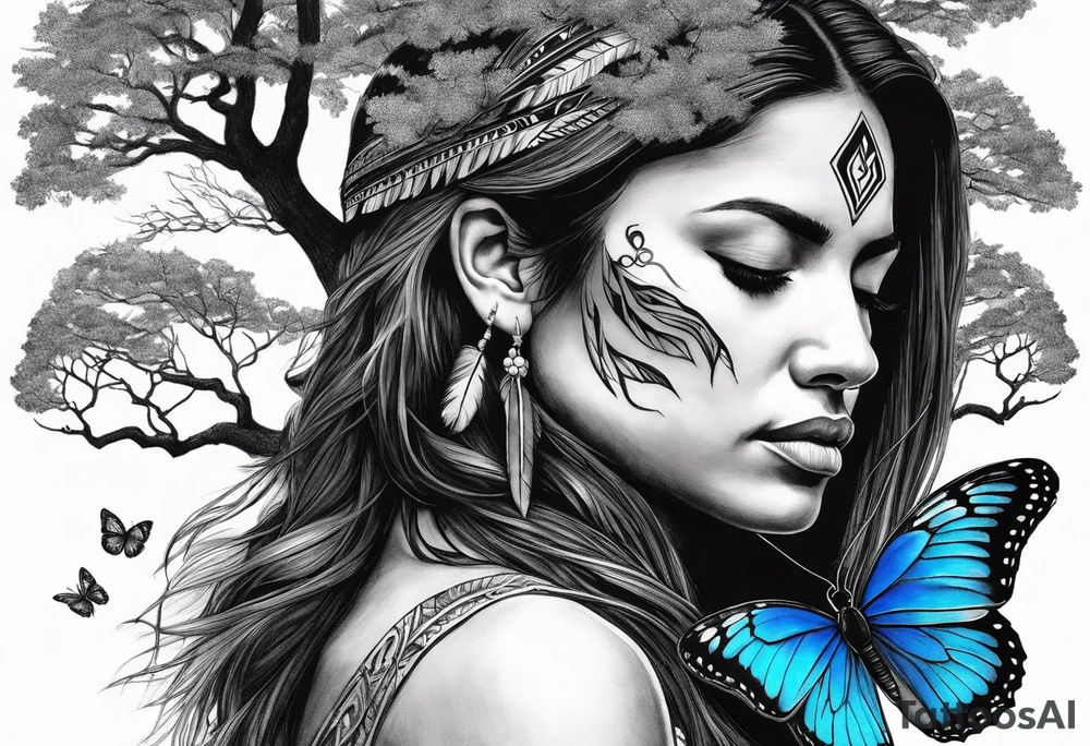 Tree with upper left branches forming a native American woman's face as she looks down onto the trees base and a lonely woman kneels there with 1 blue butterfly tattoo idea