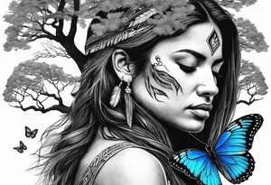 Tree with upper left branches forming a native American woman's face as she looks down onto the trees base and a lonely woman kneels there with 1 blue butterfly tattoo idea