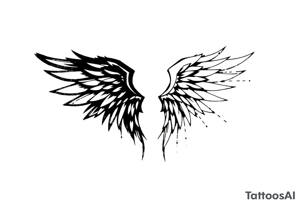 This tattoo design features a pair of asymmetrical angel wings drawn in black ink with a rough, sketch-like style. The left wing is darker, more defined, and appears denser, while the right wing is lighter, more delicate, and fragmented, creating a contrast between the two. The feathers are sharp and irregular, with fine lines and stray strokes extending outward, adding a raw and artistic feel. The overall look is dynamic and slightly chaotic, giving the impression of movement or an unfinished, ethereal form. This design symbolizes duality, freedom, transformation, or even struggle, making it a meaningful and visually striking tattoo. tattoo idea