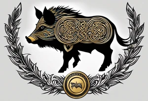 Side profile, Celtic, tribal, wild boar, On a Chatwin family crest with blue background, two gold stars, and a gold Chevron, and a Thistle. With bold black tribal lines. ancient Celtic, tribal boar tattoo idea