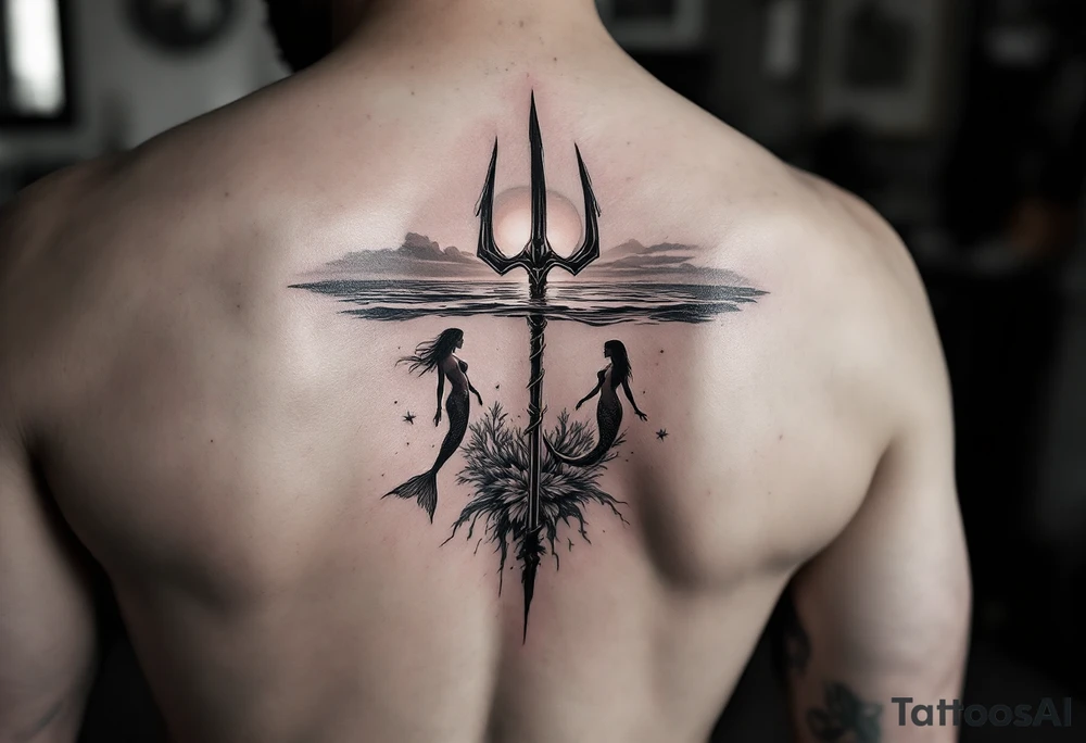 trident half way under calm water with sunset and mermaid tattoo idea