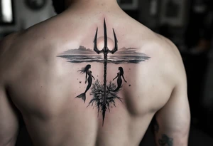 trident half way under calm water with sunset and mermaid tattoo idea