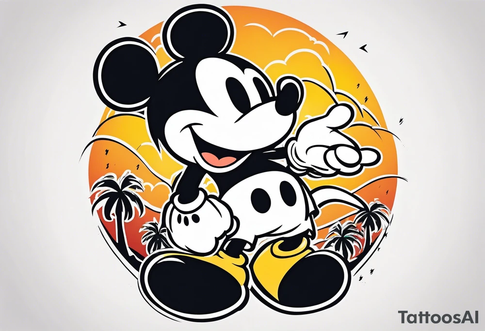 mickey mouse in a lightning storm with palm trees and the celtic symbol for family tattoo idea