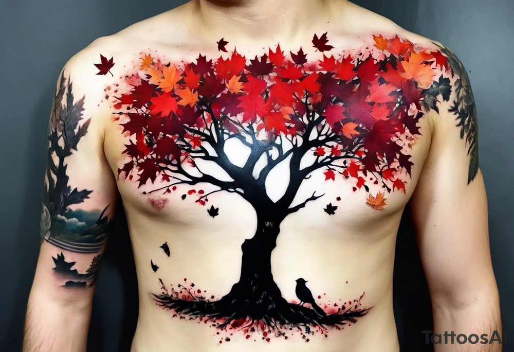trash polka style. Arm tattoo. chest tattoo. Long tattoo. large tattoo. Full sleeve. Shoulder. A single large maple tree with red autumn leaves that branches upwards from wrist to shoulder. White-throated dipper bird on the trees branches. Calluna flowers at the base of the trees stem. Tree stem has dark colors. Red/yellow sunset behind the trees stem. Leaves falling. tattoo idea