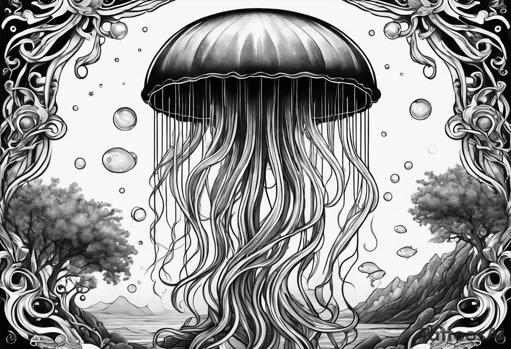 A universe inside a mystical jellyfish with long flowing tentacles tattoo idea A universe inside a mystical jellyfish with long flowing tentacles tattoo idea