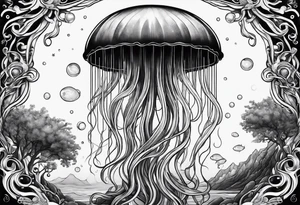 A universe inside a mystical jellyfish with long flowing tentacles tattoo idea
