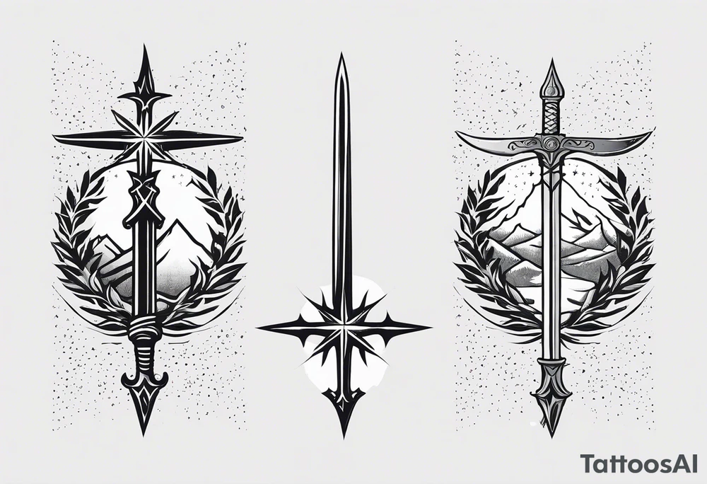 complete upper arm sleeve. Feature three mountain side by side, with 3 stars above them from a court of thorns and roses. crossed swords, integrating with abstract, sword patterns that evoke the Valkyrie spirit like nesta from a court of silver flames. Keep the design in clean, simple lines. tattoo idea