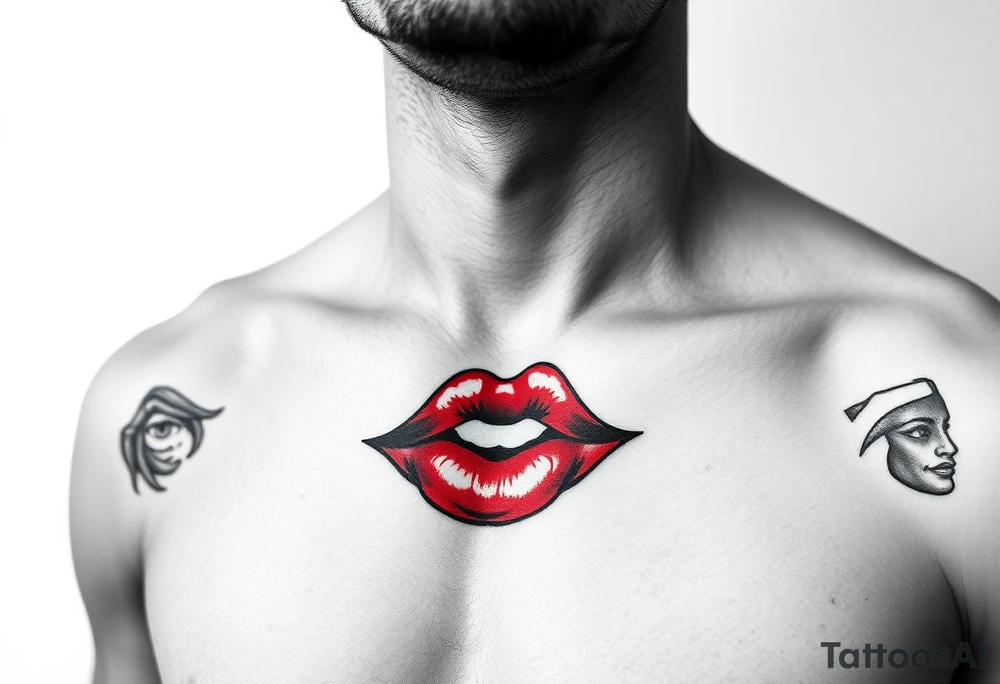 Come up with a cover up of red lip print on the collar bone for a man. tattoo idea