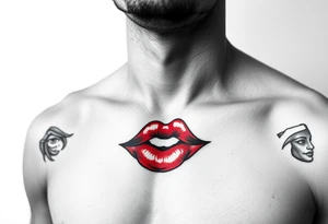 Come up with a cover up of red lip print on the collar bone for a man. tattoo idea