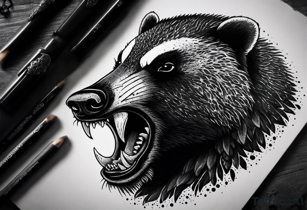 Draw me psychopath Fearless Honey Badger/Berserker with aggressive full body, killer face with a scary smile, very long nails and he attacks like a Bloody Assassin/Warrior/Gladiator to us and also, he has very deadly looking. He fights with his nails only. Everybody scares after their first sight. Give me horror type Badger Tattoo. I want to see his Realistic full body with no weapons. You can show destruction at the back. tattoo idea
