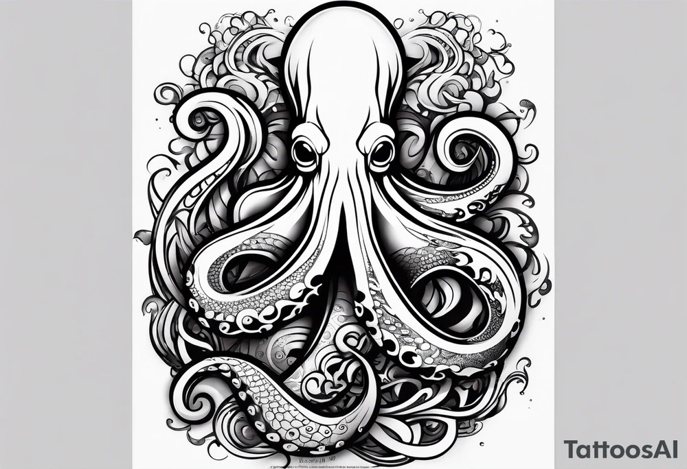 Tribal half sleeve octopus with fish and water waves around it tattoo idea