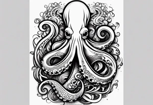 Tribal half sleeve octopus with fish and water waves around it tattoo idea