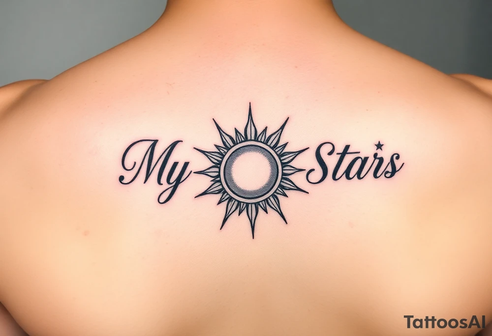 "My Sun & Stars" in script with a Sun and stars tattoo idea