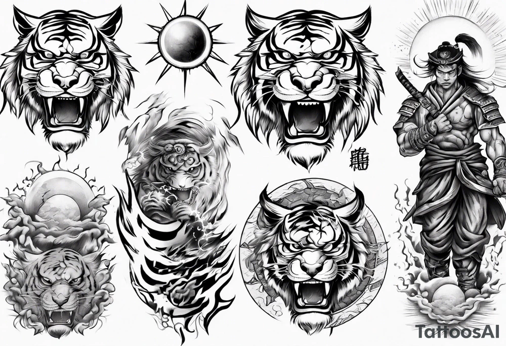 Tiger warrior with lightning and the sun for a forearm sleeve tattoo idea
