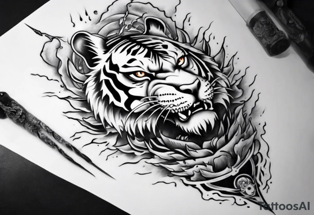 Tiger Warrior sleeve tattoo with lightning and the sun
Forearm sleeve tattoo idea