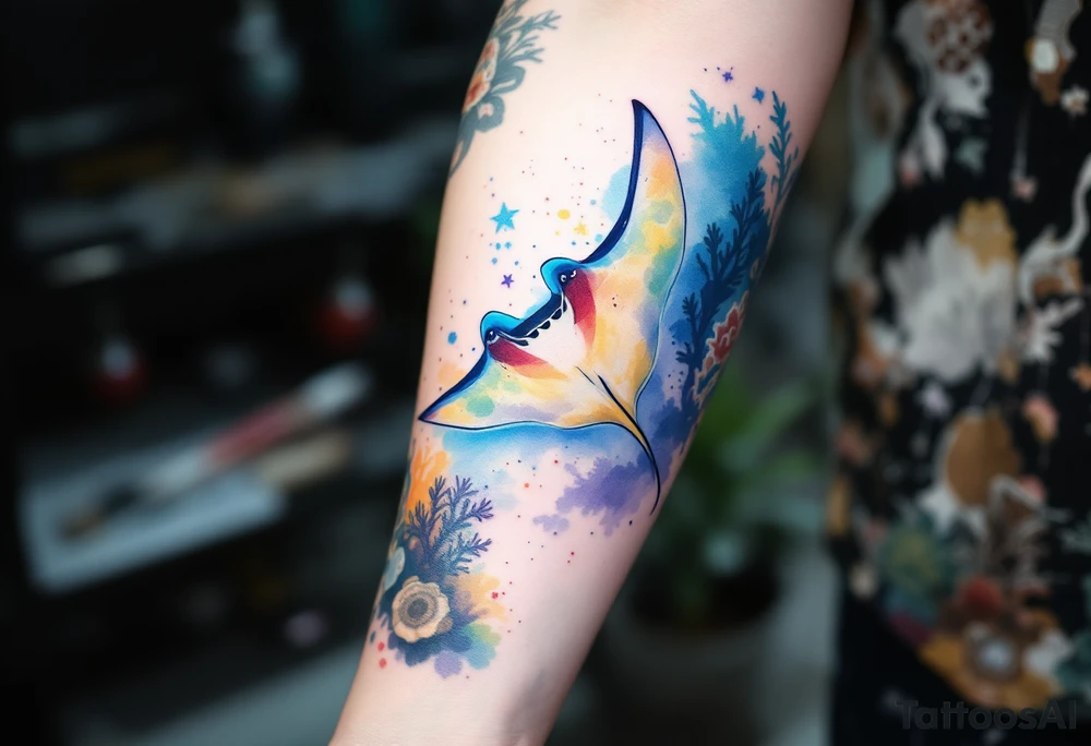 Manta ray swimming, diver bellow, coral reef bellow for forearm tattoo idea