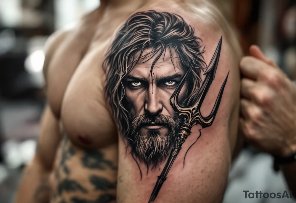 close-up jeasus behind a trident tattoo idea
