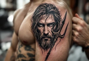 close-up jeasus behind a trident tattoo idea
