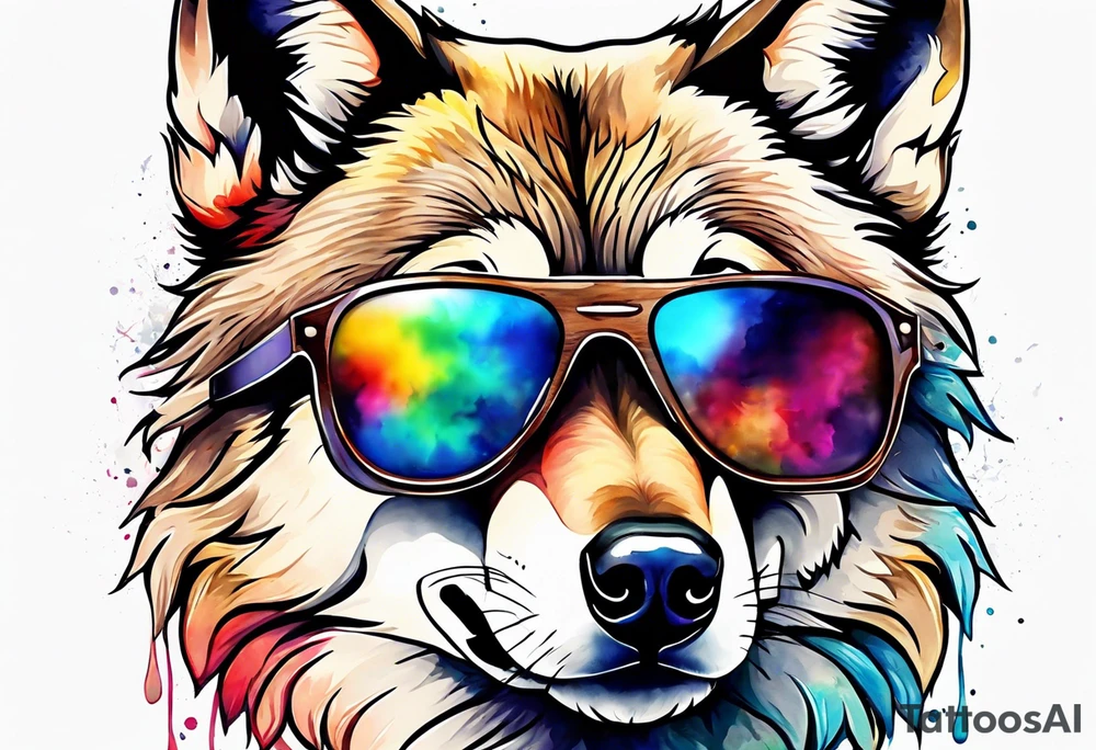 Watercolor wolf wearing sunglasses tattoo idea