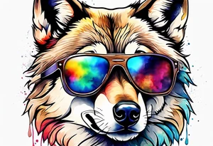 Watercolor wolf wearing sunglasses tattoo idea