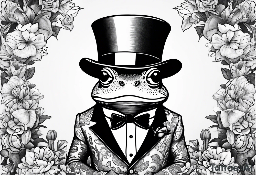 Cute Frog wearing top hat and a suit standing on its Back legs while holding flowers tattoo idea