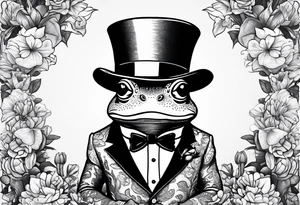 Cute Frog wearing top hat and a suit standing on its Back legs while holding flowers tattoo idea