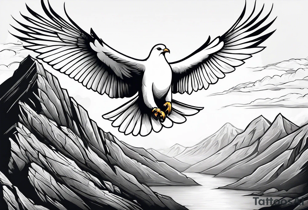 White Dove with an eagle flying over a mountain tattoo idea