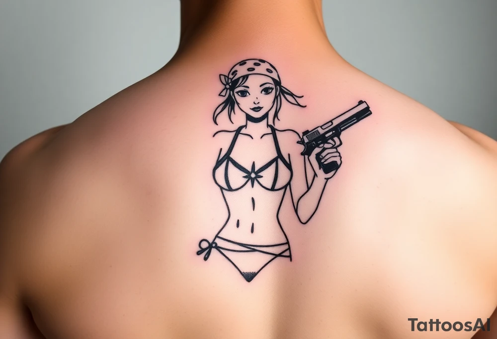 Girl wearing bandana in bikini holding gun tattoo idea