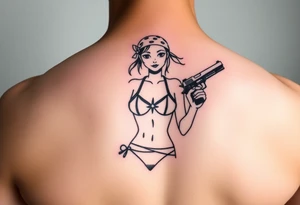Girl wearing bandana in bikini holding gun tattoo idea