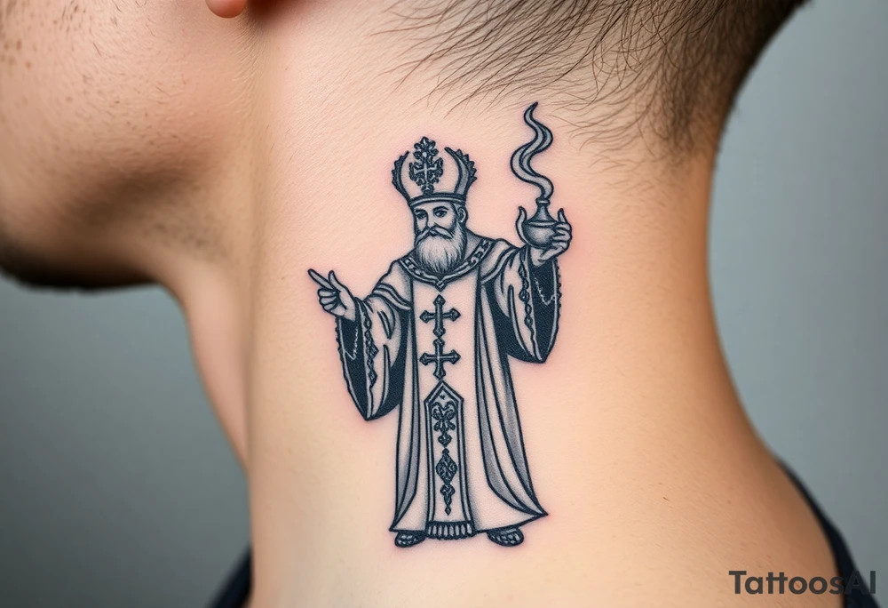 Russian Orthodox Priest in a fully detailed gold vestment swinging a censer with smoke curling upward tattoo idea