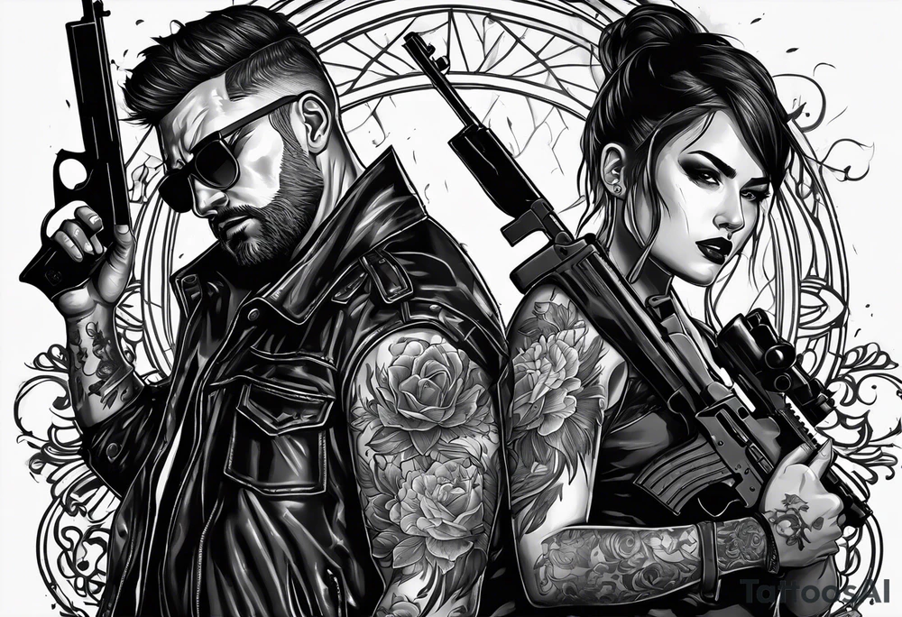 In the reflection of a eye crying blood two black siloets of people holding guns one man dead on the ground with a wounded woman standing behind him tattoo idea