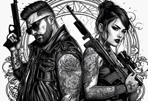 In the reflection of a eye crying blood two black siloets of people holding guns one man dead on the ground with a wounded woman standing behind him tattoo idea